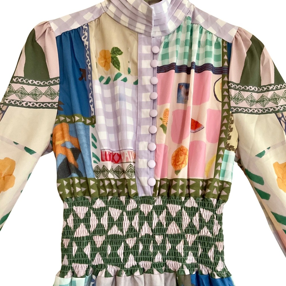 Women's Multi-Color Patchwork Maxi Dress - Long Sleeve - Picture 6 of 16